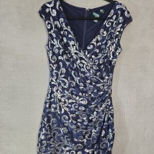 Lauren Ralph Lauren Midi Dress 8 Blue Sequin Paisley Cocktail Vneck Faux Wrap